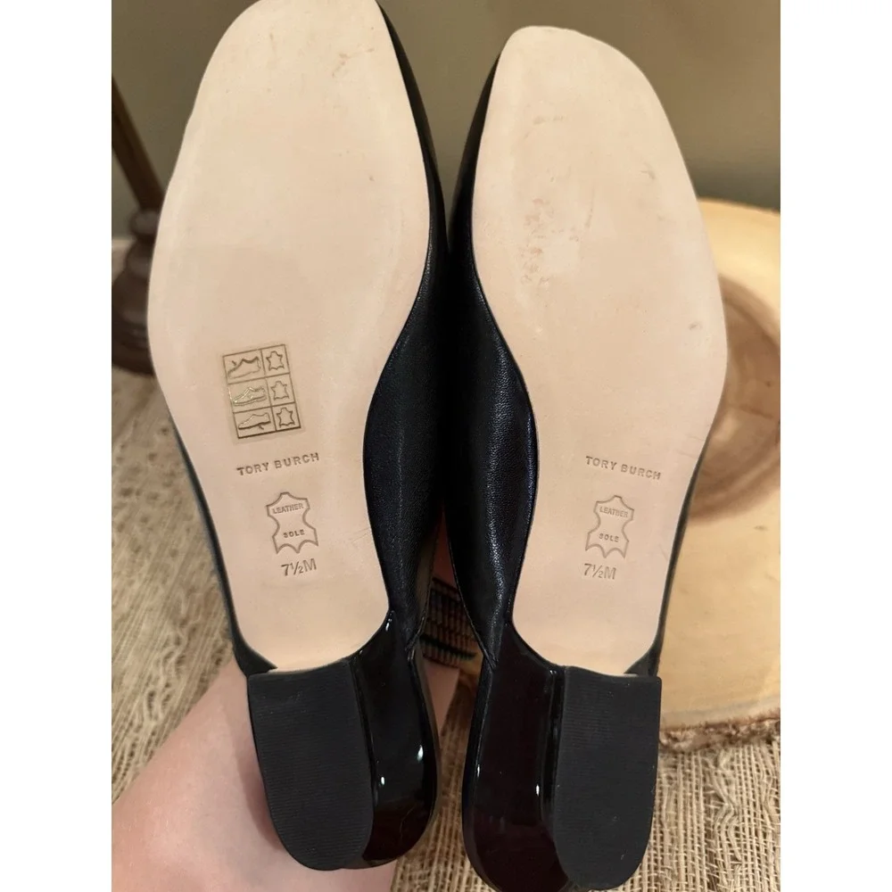 Tory Burch Woven‎ Logo Kitten Heel Mule Size 7.5 Black Goat Leather MSRP$358